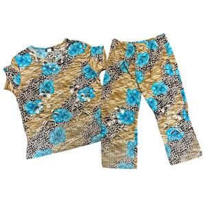 Vtg 2-Piece Top & Pants Pantsuit Aqua Flower Floral Set Stretch T-C Fashion SZ L